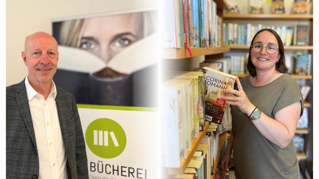 Links Mann vor Bücherei-Banner; rechts Frau in Bücherei, greift Buch aus Regal.    (Alt-Text erstellt mit KI-Unterstützung)